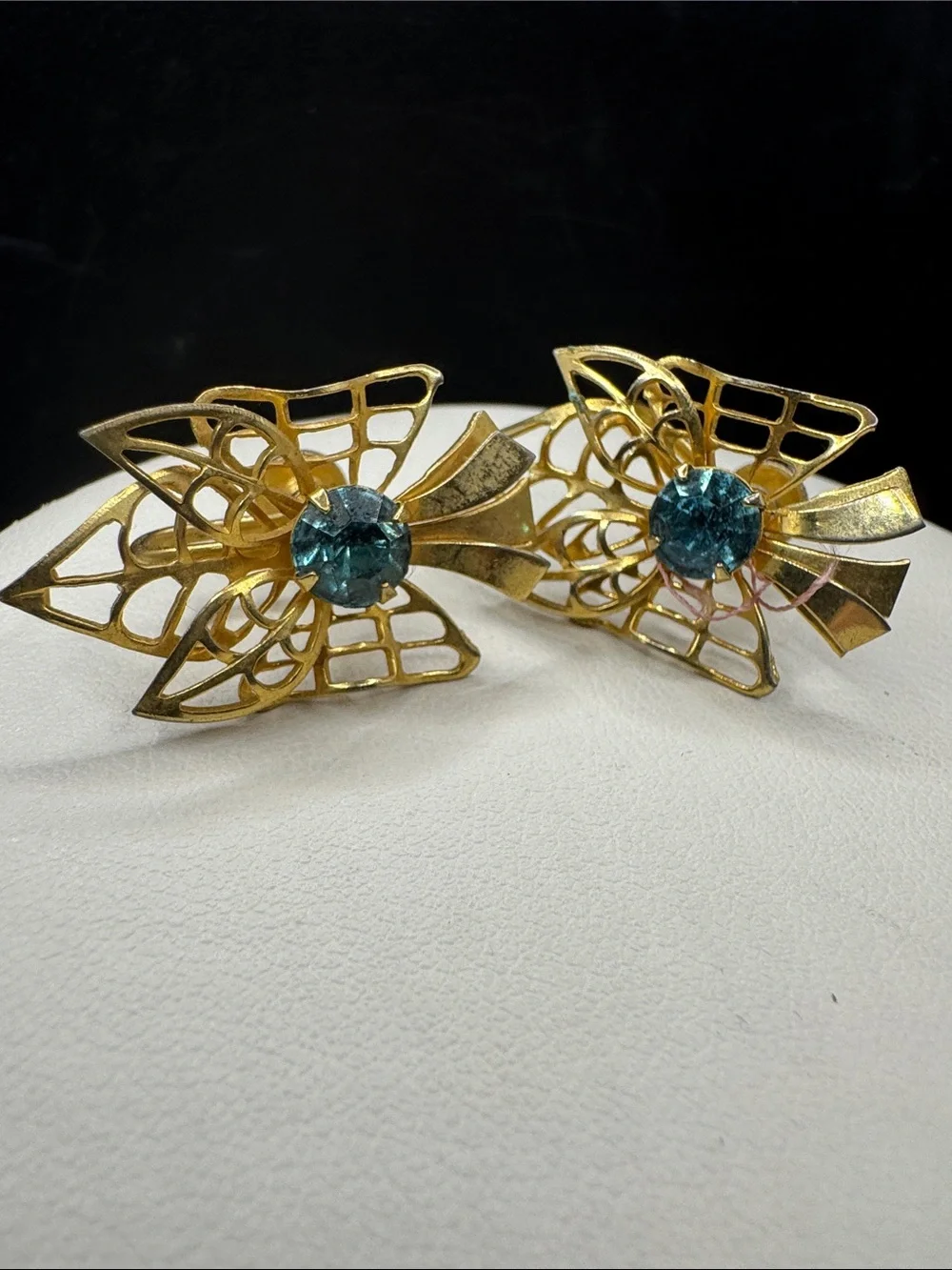 Vintage B&N Bugbee & Niles Blue Rhinestone Gold Tone Bow Screw Back Earrings